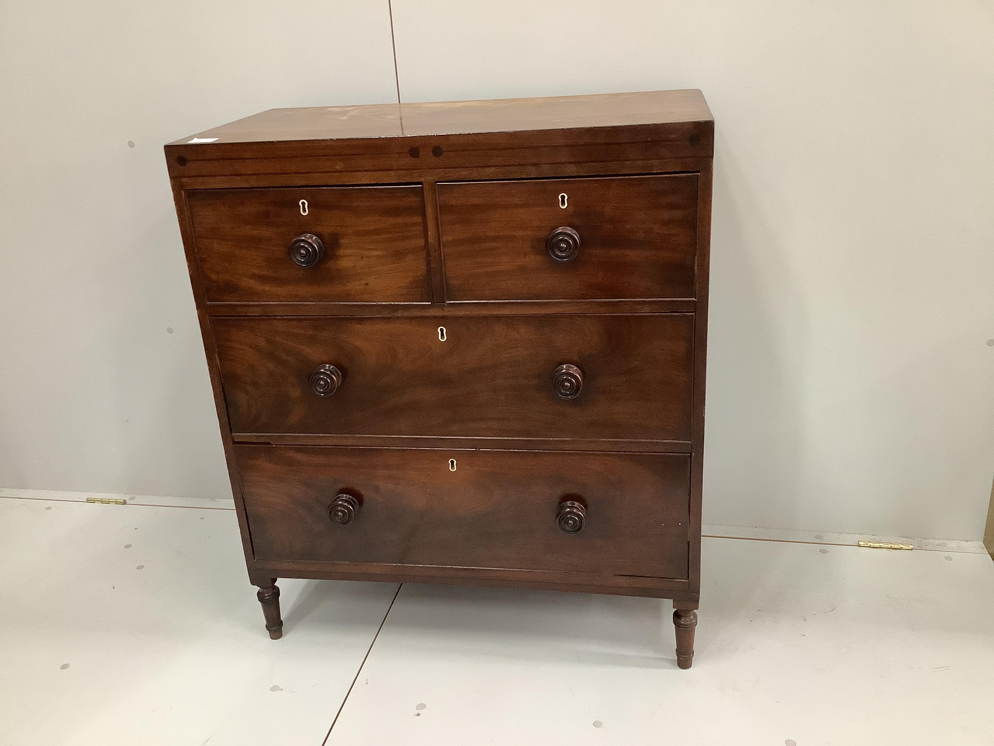A small Regency mahogany four drawer chest, width 84cm, depth 45cm, height 96cm